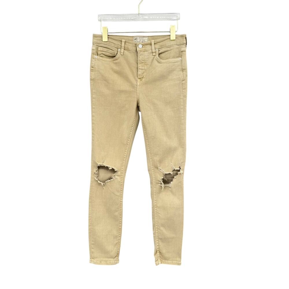 Free People Busted Knee Skinny Fit Tan Denim Distressed Jeans